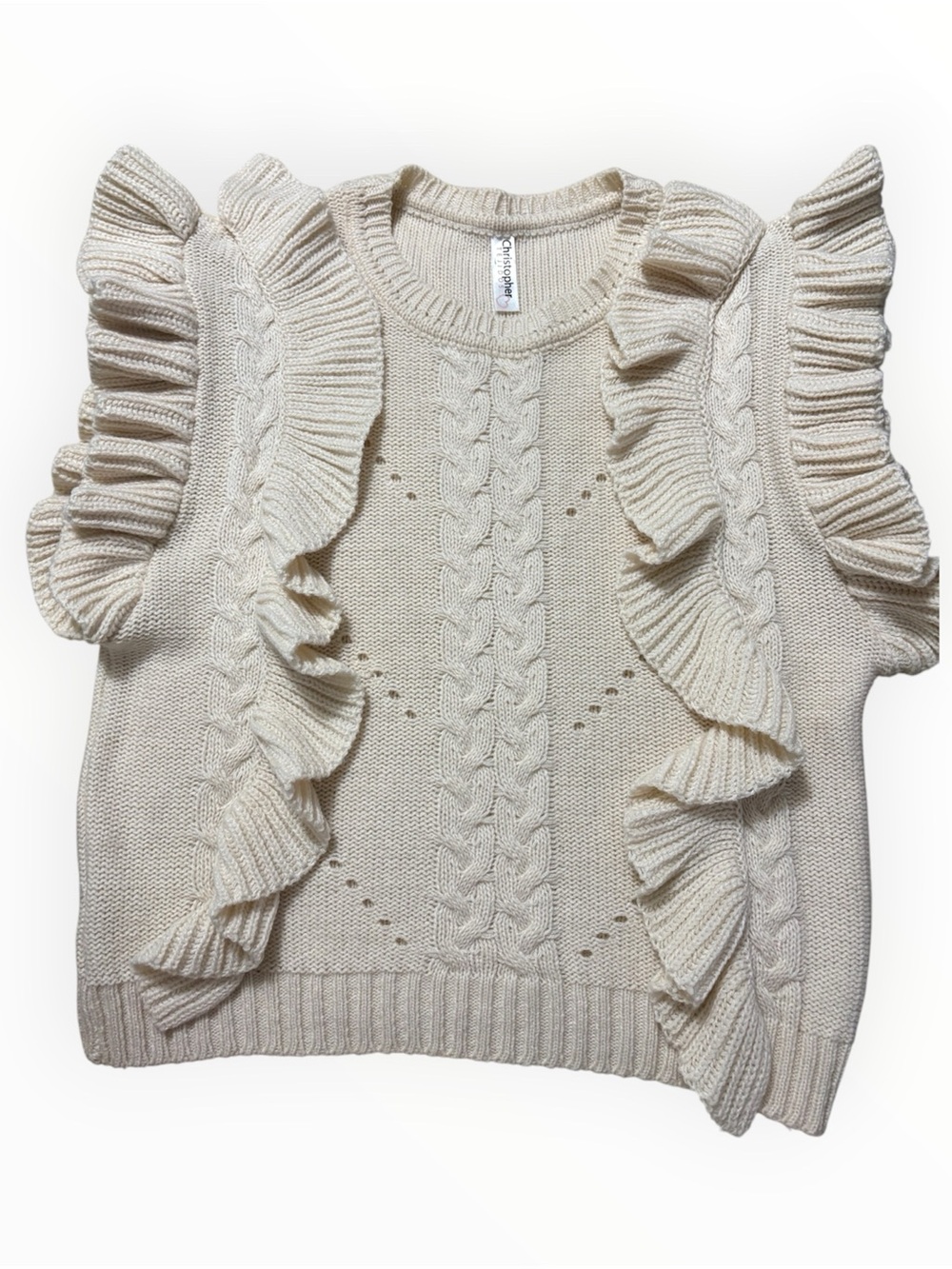 Ruffled Cable Knit Sweater Vest - Cream